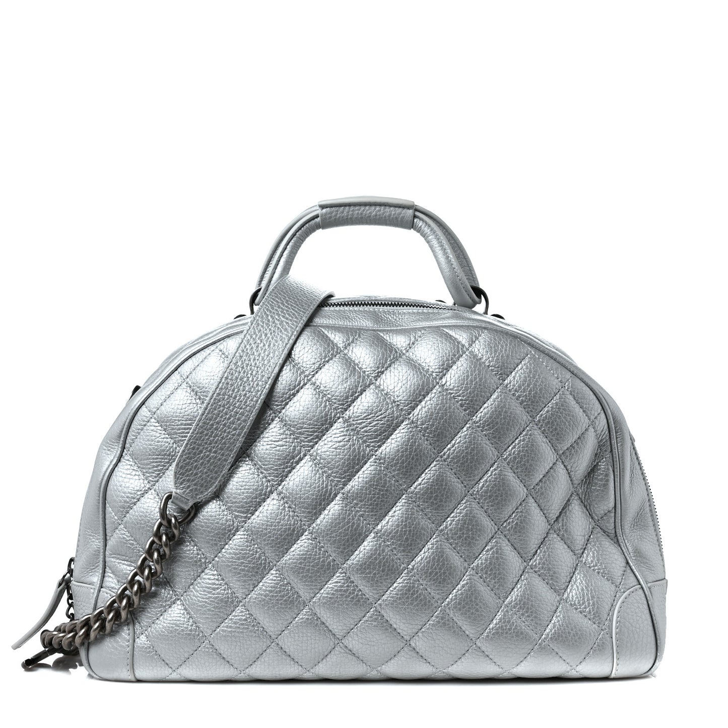 Metallic Calfskin Quilted Medium Airlines Round Trip Bowling Bag Silver