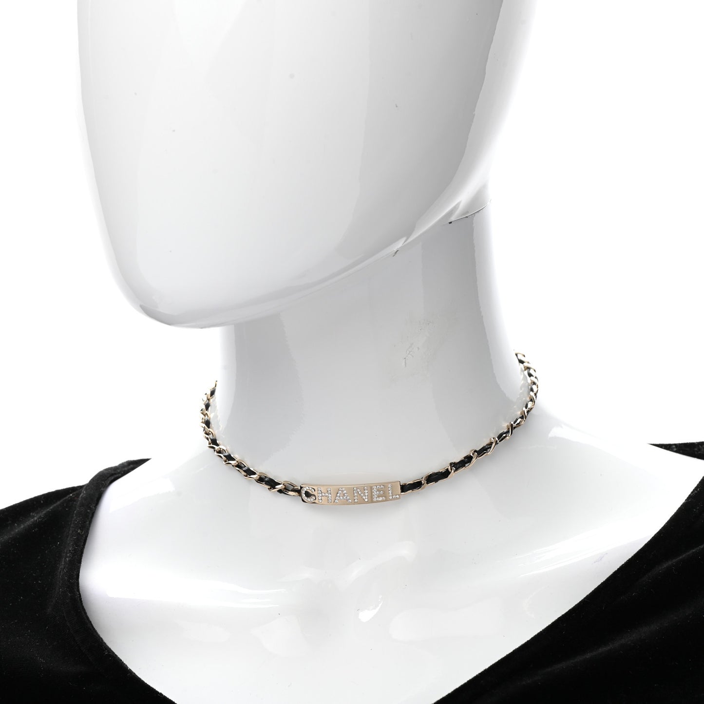 Metal Lambskin Crystal Sergeant Chanel Choker Necklace Black Gold