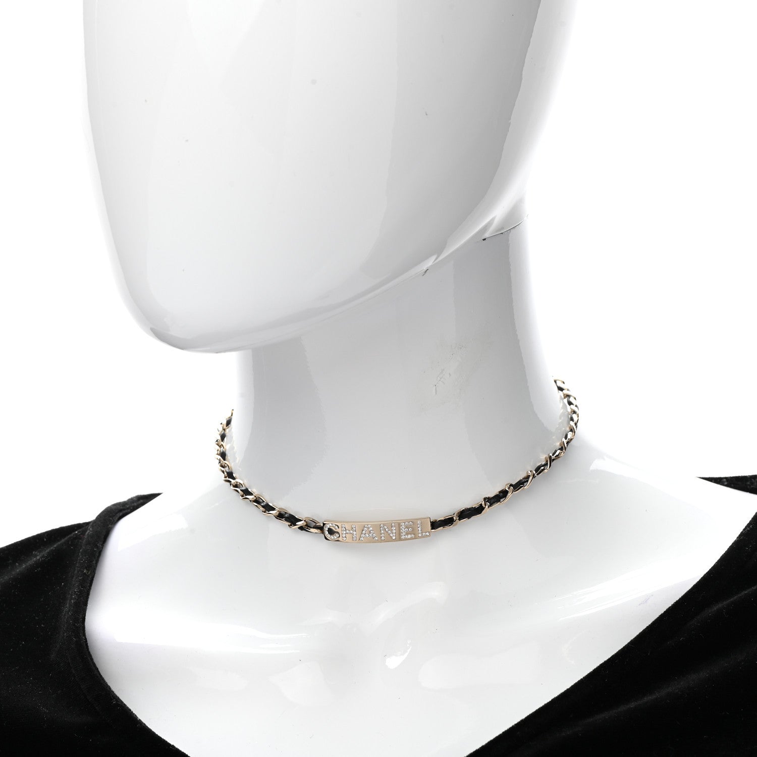 Chanel Metal Lambskin Crystal Sergeant Chanel Choker Necklace Black Gold 1 of 5