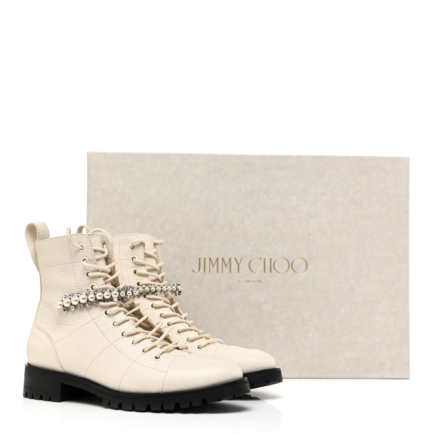 Jimmy Choo Goatskin Pearl Embellished Cruz Combat Boots 39.5 White 12 of 12