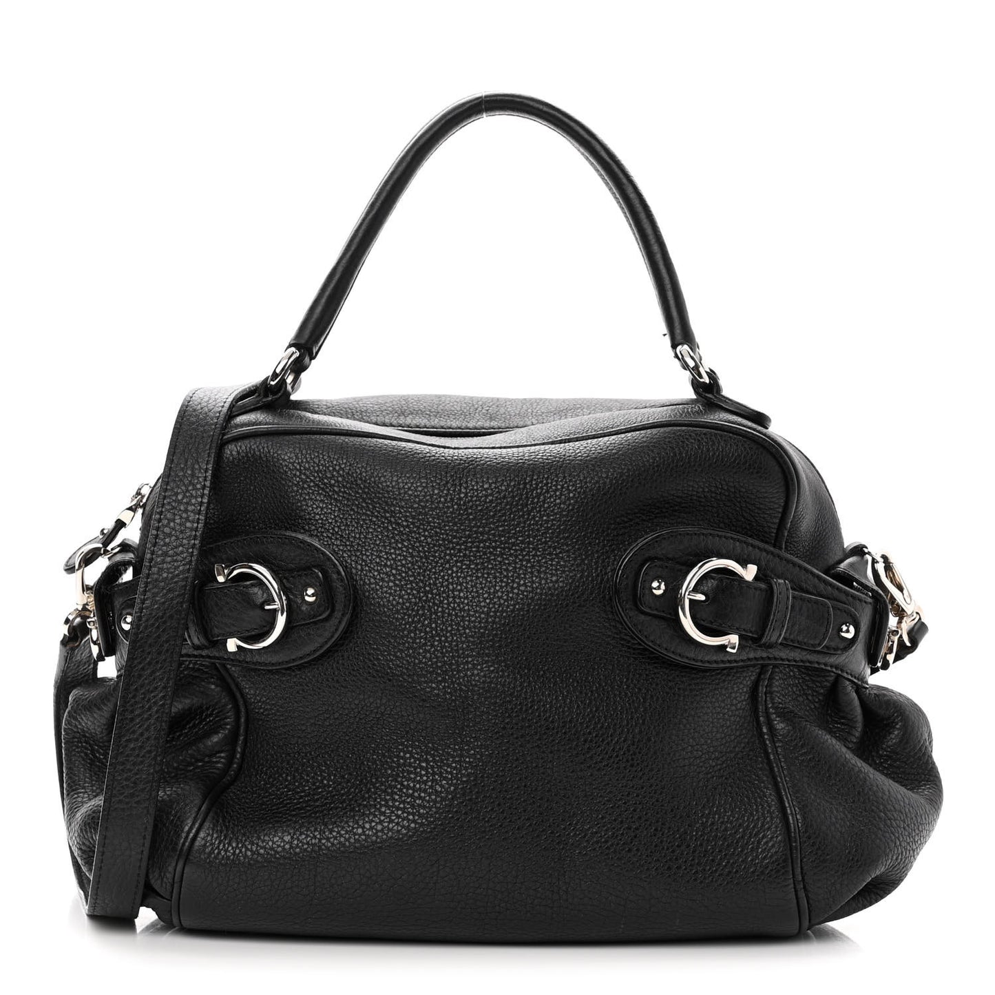 Grained Calfskin Gancio Top Handle Convertible Satchel Black