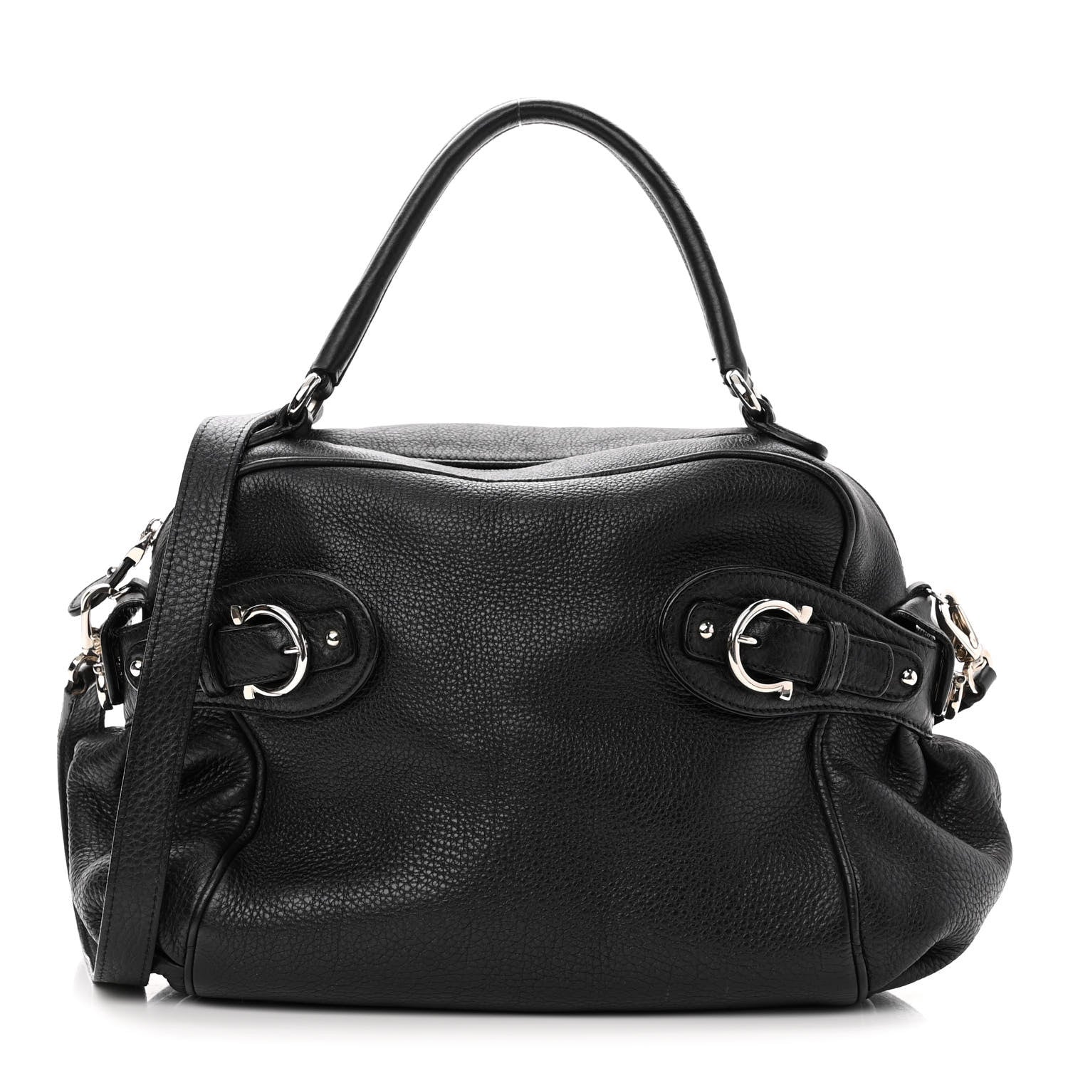 Salvatore Ferragamo Grained Calfskin Gancio Top Handle Convertible Satchel Black 1 of 10