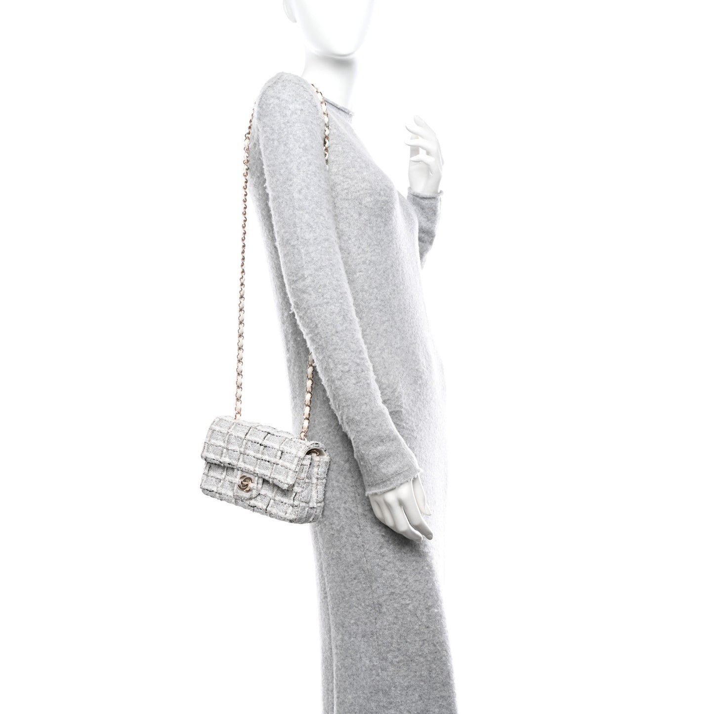 Tweed Quilted Mini Rectangular Flap White Grey