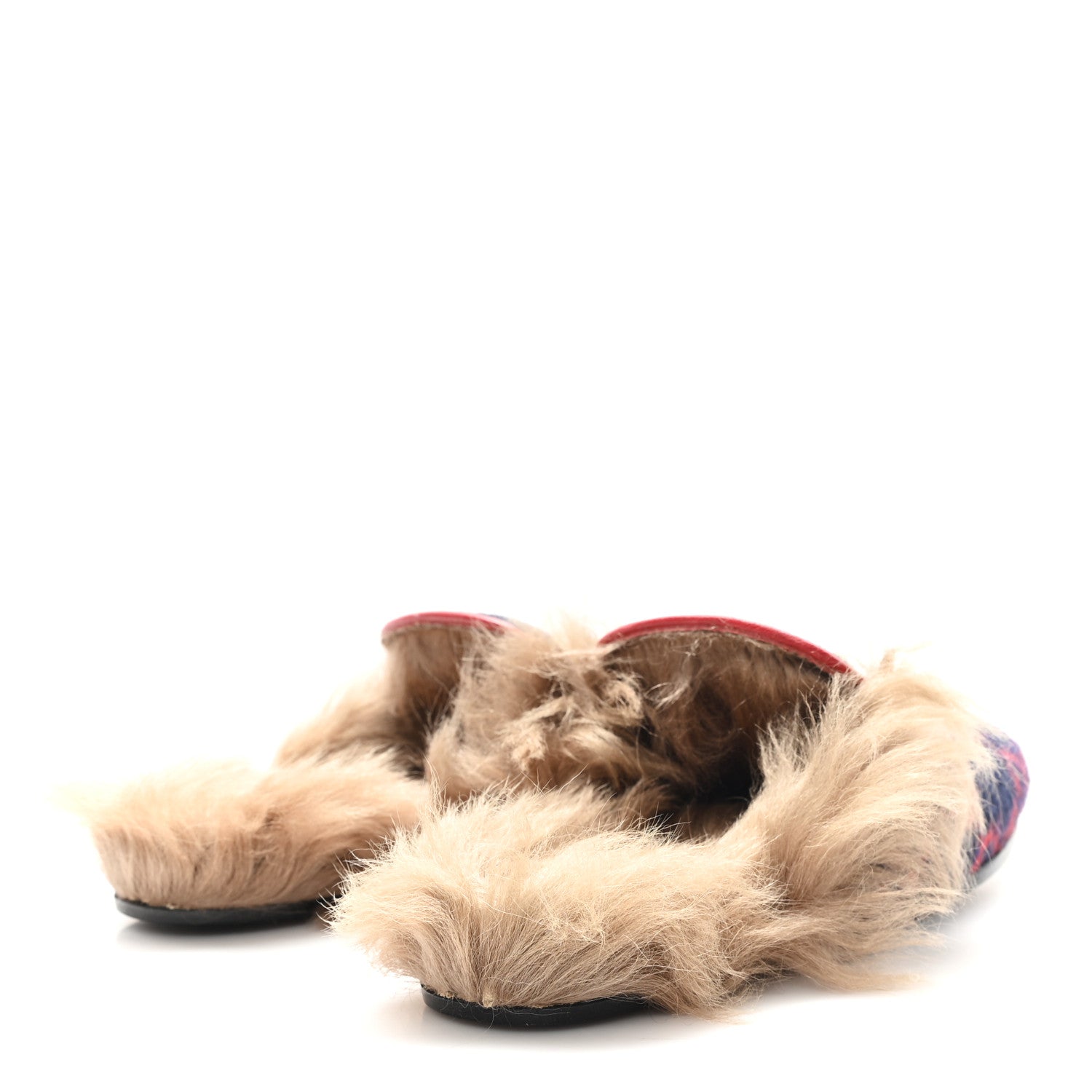 Gucci Covered Wool Big GG Monogram Fur Womens Princetown Slippers 36 Blue Red Butterscotch 5 of 8
