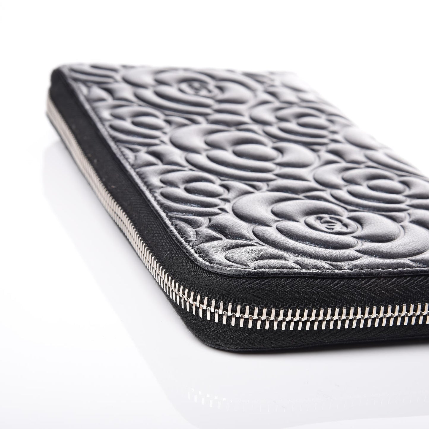 Lambskin Camellia Embossed Large Zip Around Gusset Wallet Black