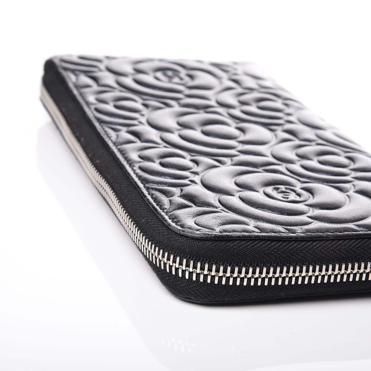 Chanel Lambskin Camellia Embossed Large Zip Around Gusset Wallet Black 14 of 14