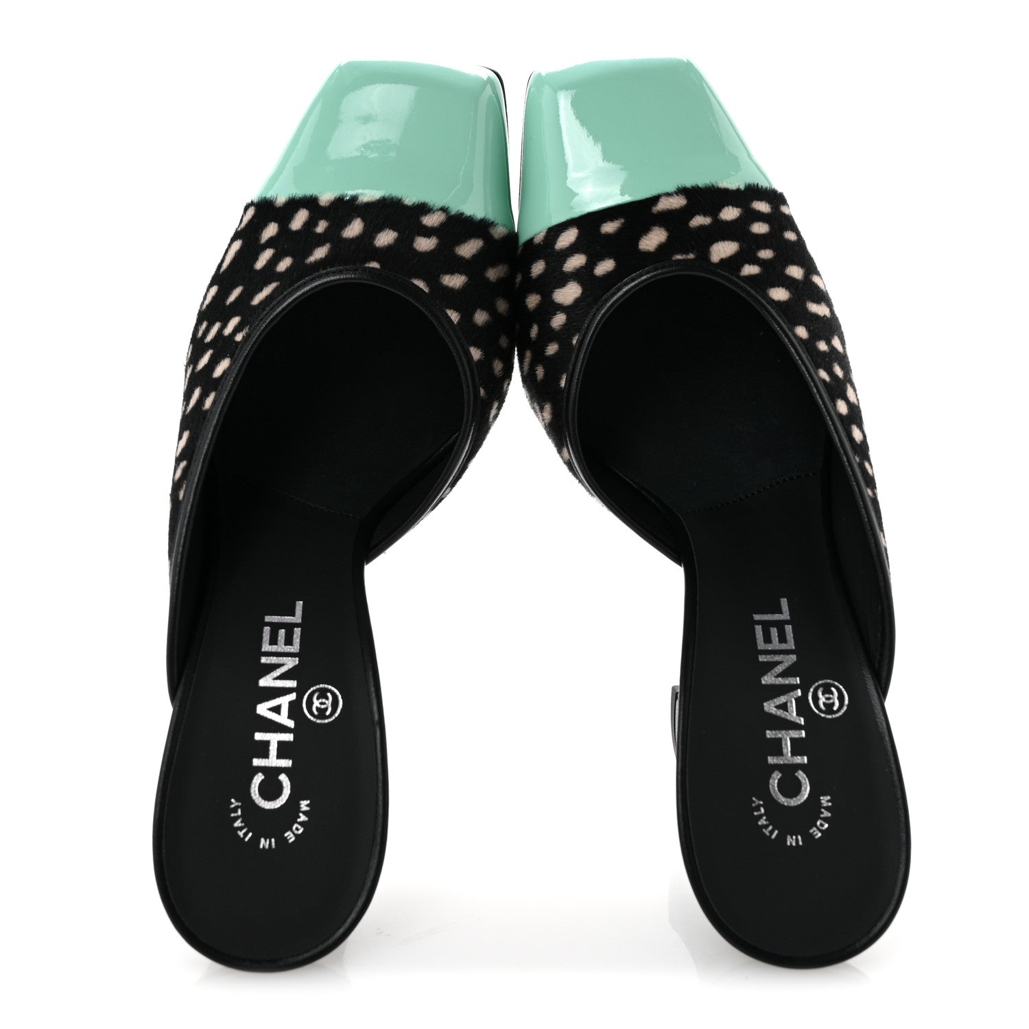 Chanel Pony Hair Lambskin Patent Calfskin Cap Toe Mules 39 Black White Green 2 of 10