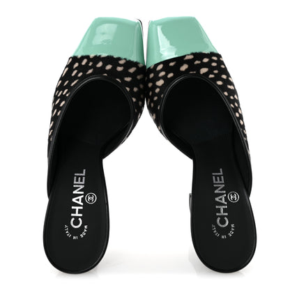 Chanel Pony Hair Lambskin Patent Calfskin Cap Toe Mules 39 Black White Green 2 of 10