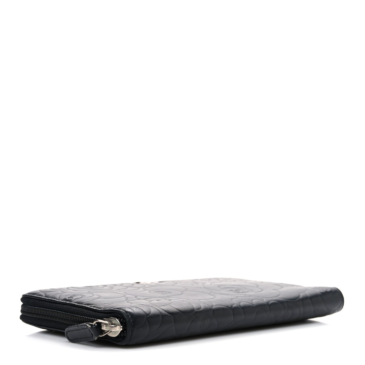 Lambskin Camellia Embossed Zip Around Organizer Wallet Black