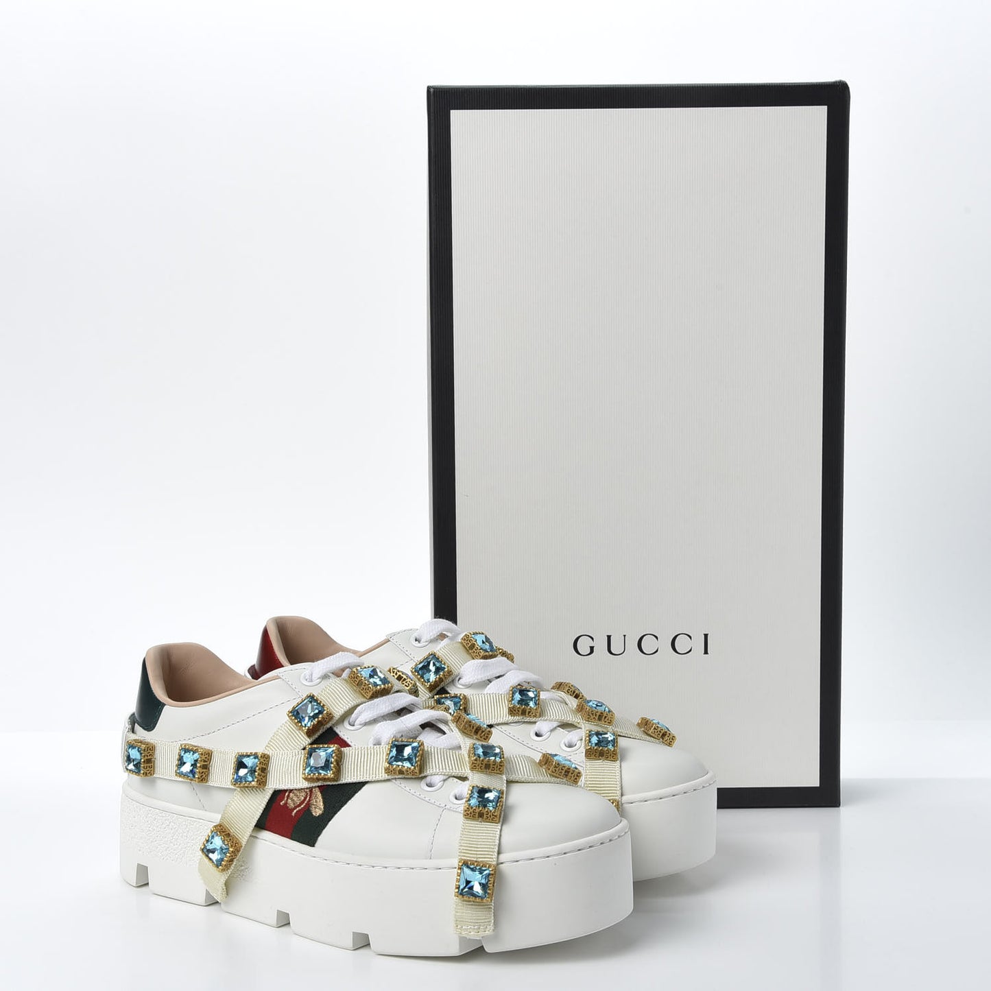 Calfskin Removable Crystals Bee Embroidered Womens Ace Platform Sneakers 35.5 White