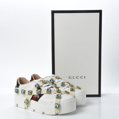 Gucci Calfskin Removable Crystals Bee Embroidered Womens Ace Platform Sneakers 35.5 White 10 of 10