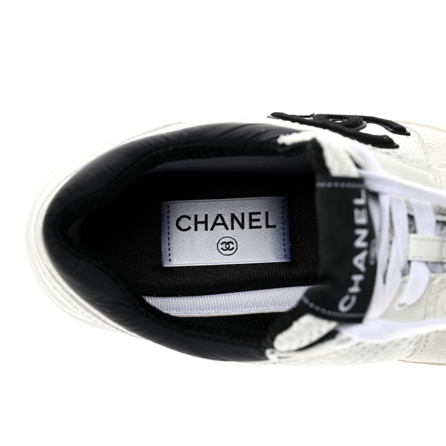 Chanel Mesh Suede Calfskin Grained Calfskin Womens CC Sneakers 38 White Black 7 of 12