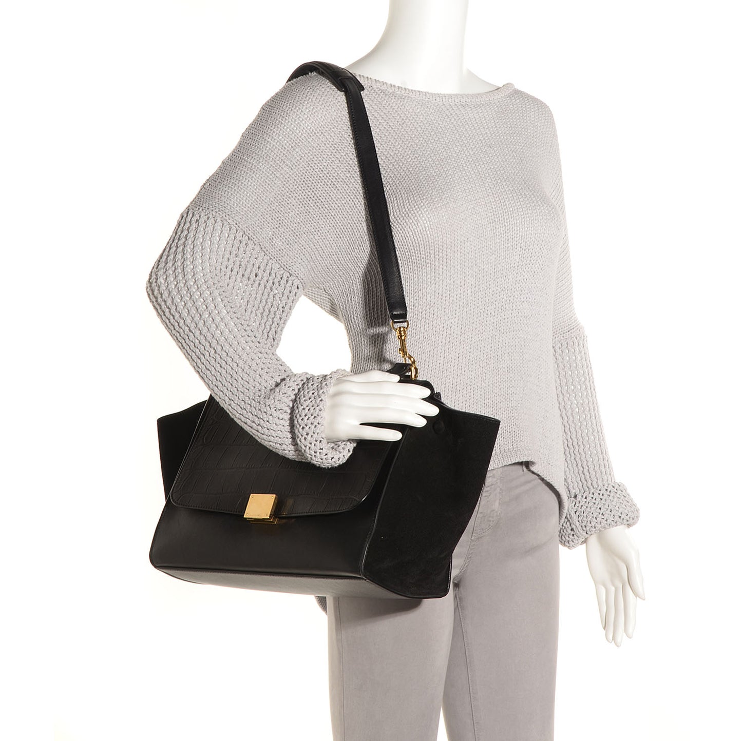 Crocodile Embossed Medium Trapeze Black