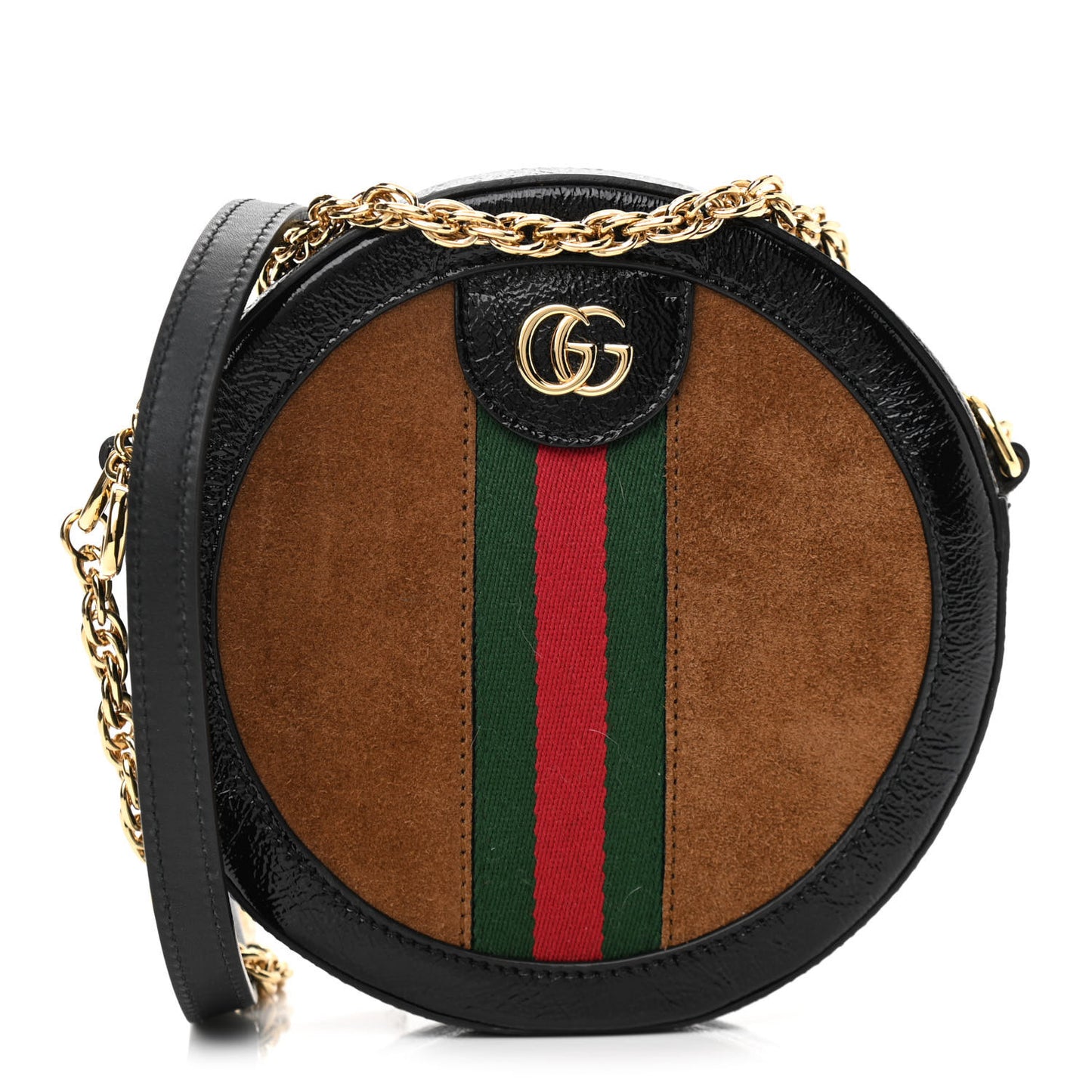 Suede Patent Web Mini Ophidia Round Shoulder Bag Nocciola Black