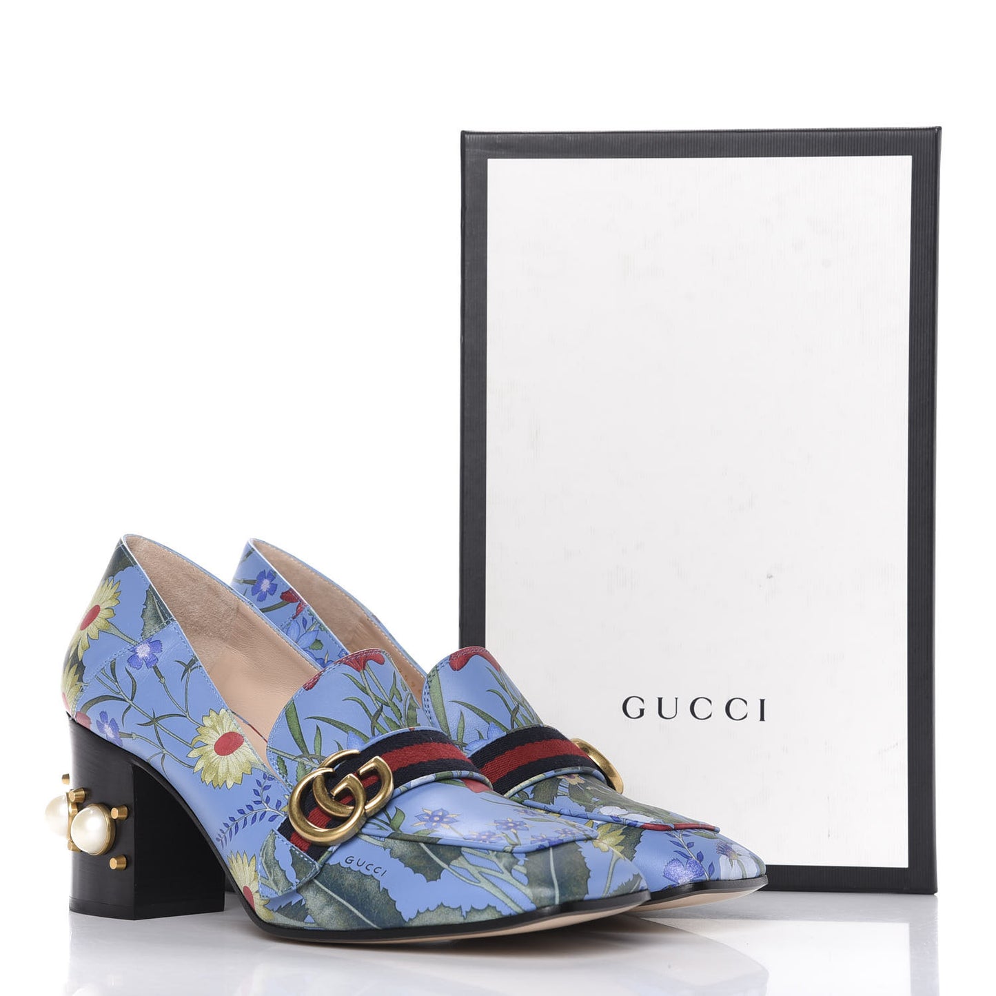 Apollo Calfskin Web Pearl New Flora Peyton 75mm Loafer Pumps 41 Azure