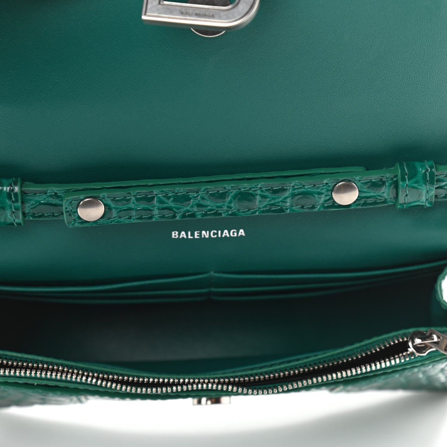 Balenciaga Shiny Calfskin Crocodile Embossed Hourglass Chain Bag Green 5 of 9