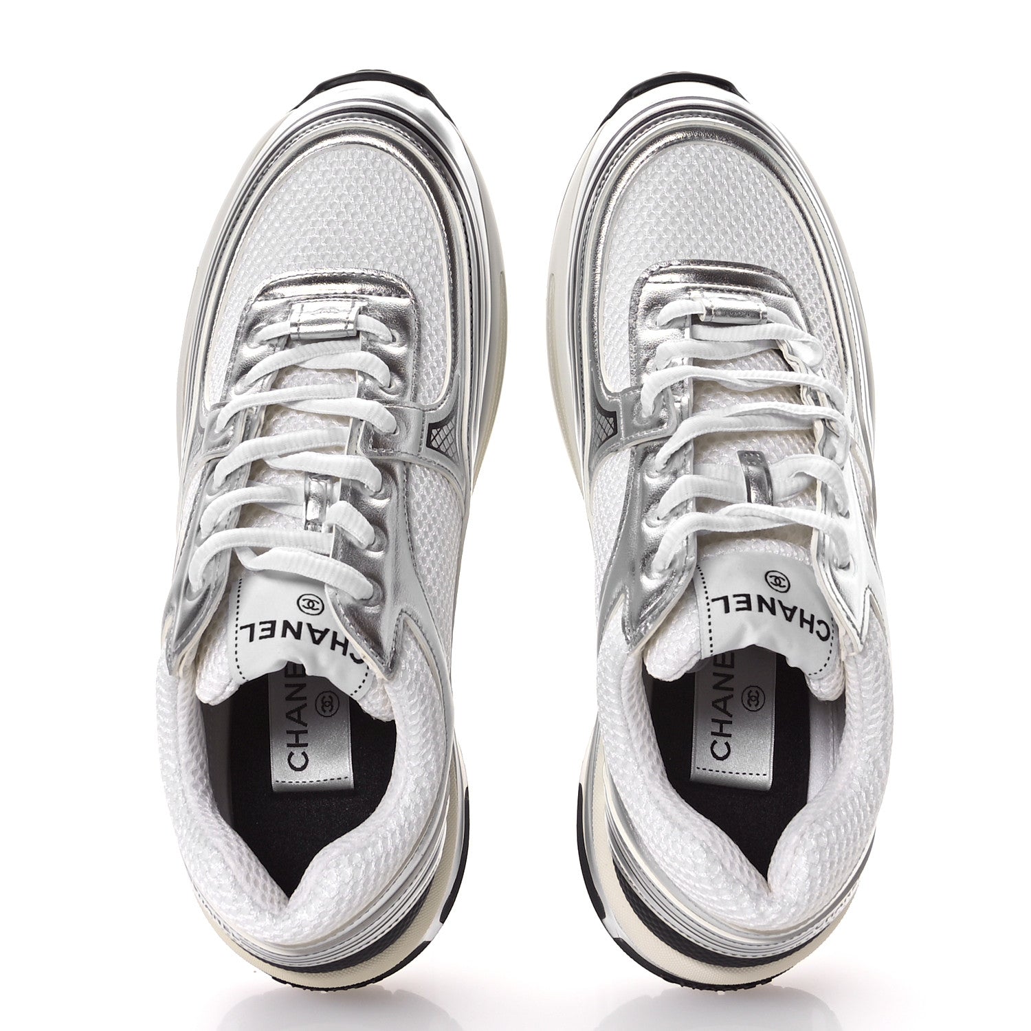 Chanel Fabric Laminated Calfskin Stretch CC Sneakers 39 White Silver 2 of 9