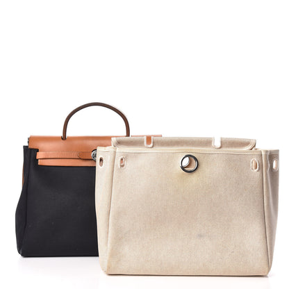 Hermes Toile Vache Calfskin Herbag 30 PM Black Natural 3 of 16