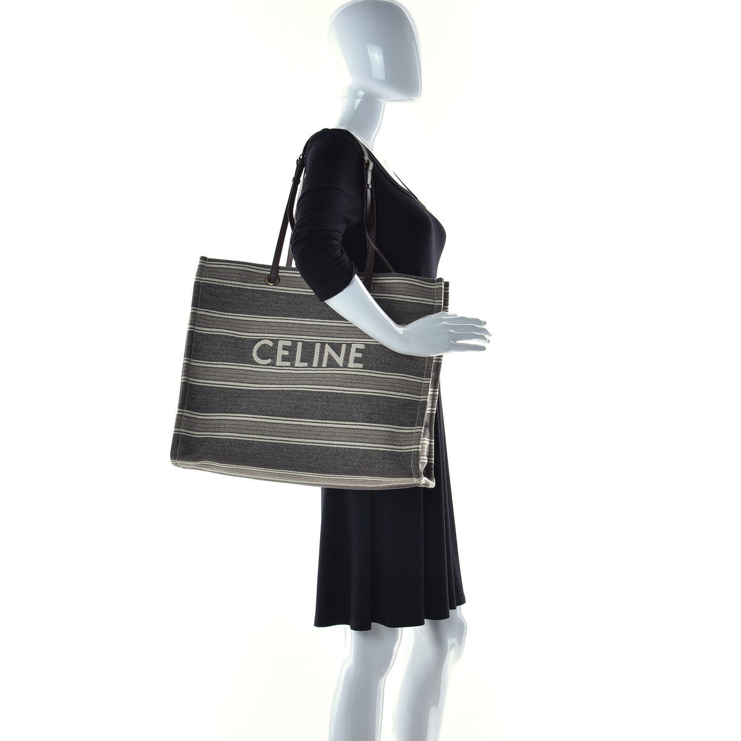 Celine Canvas Calfskin Jacquard Vertical Cabas Grey Brown 2 of 8