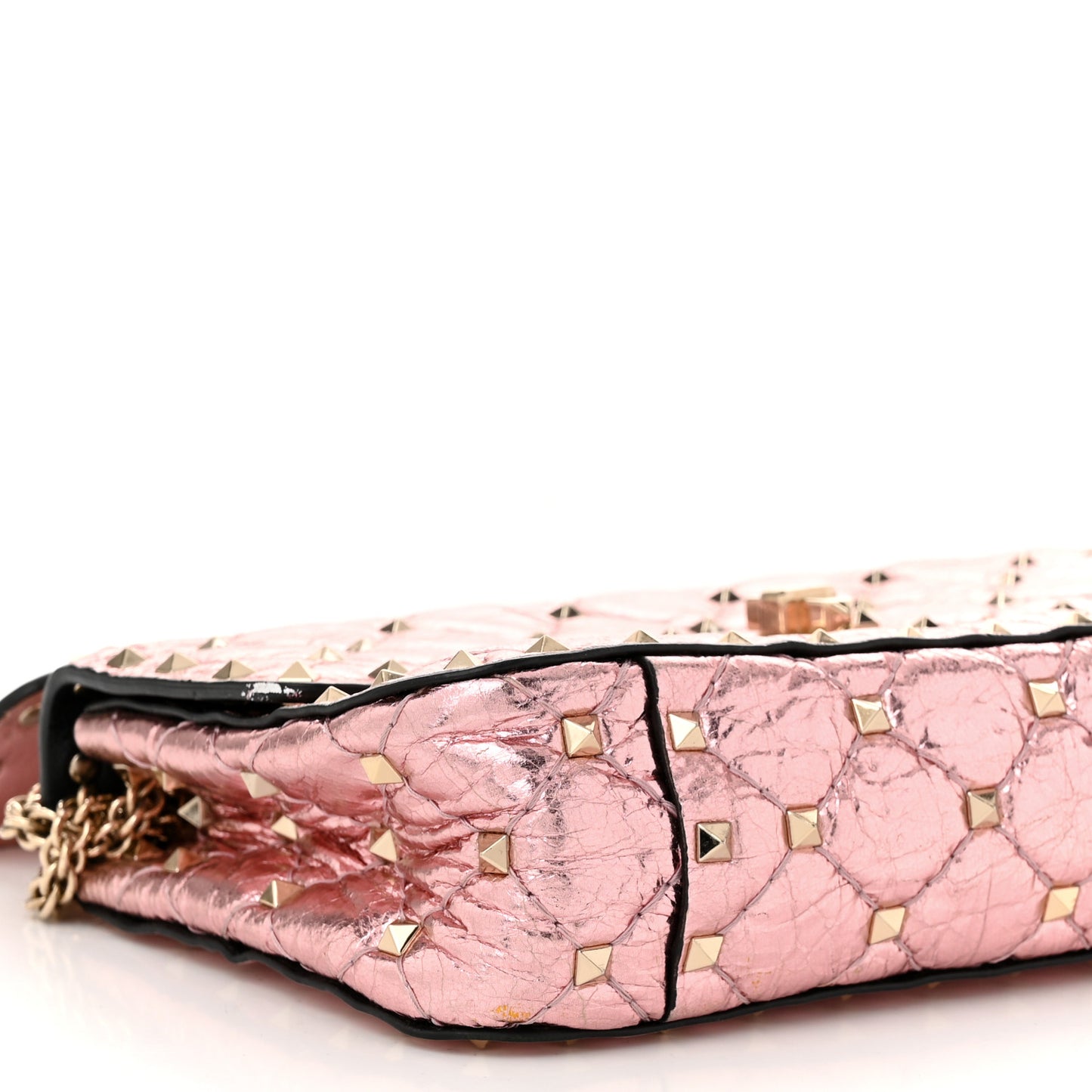 Metallic Wrinkled Lambskin Small Rockstud Spike Shoulder Bag Lipstick
