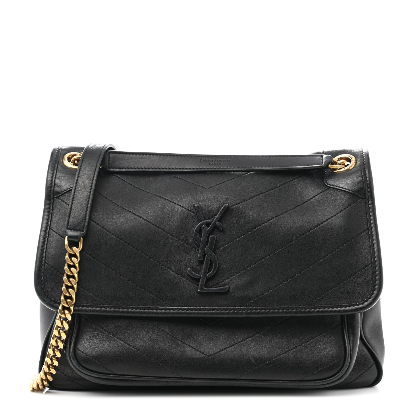 Lambskin Matelasse Monogram Medium Niki Chain Satchel Black