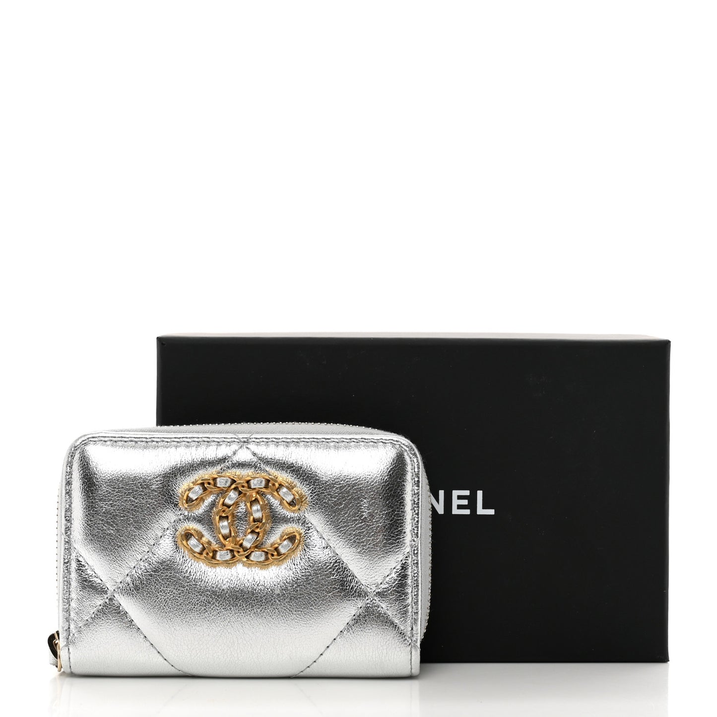 Metallic Lambskin Quilted Chanel 19 Zip Around Coin Purse Wallet Silver