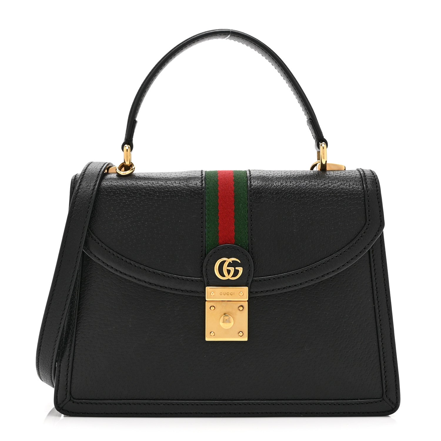 Gucci Textured Dollar Calfskin Web Small Ophidia Padlock Top Handle Bag Black 1 of 11