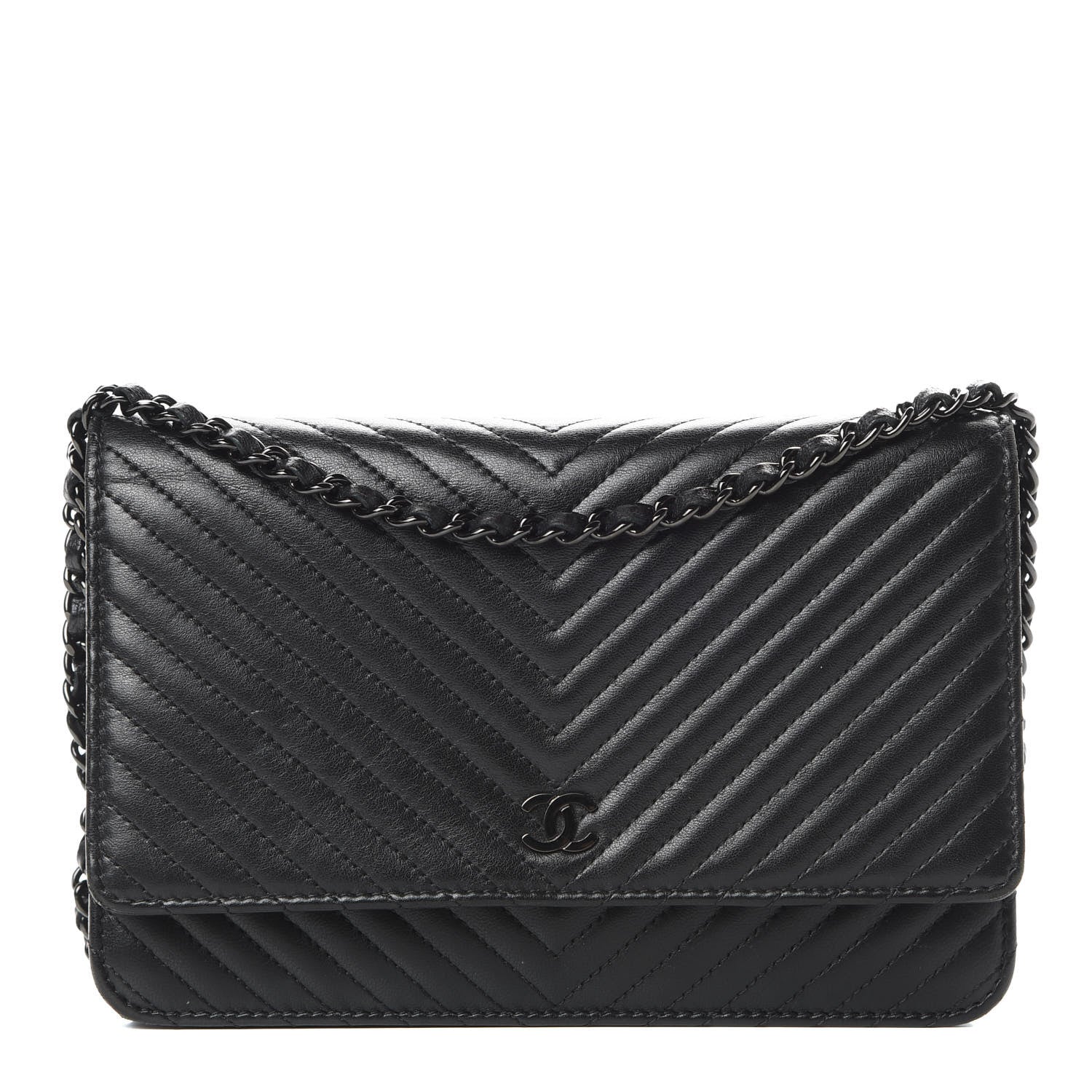 Chanel Lambskin Chevron Quilted Wallet On Chain WOC So Black 1 of 16