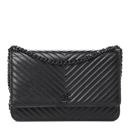 Chanel Lambskin Chevron Quilted Wallet On Chain WOC So Black 1 of 16
