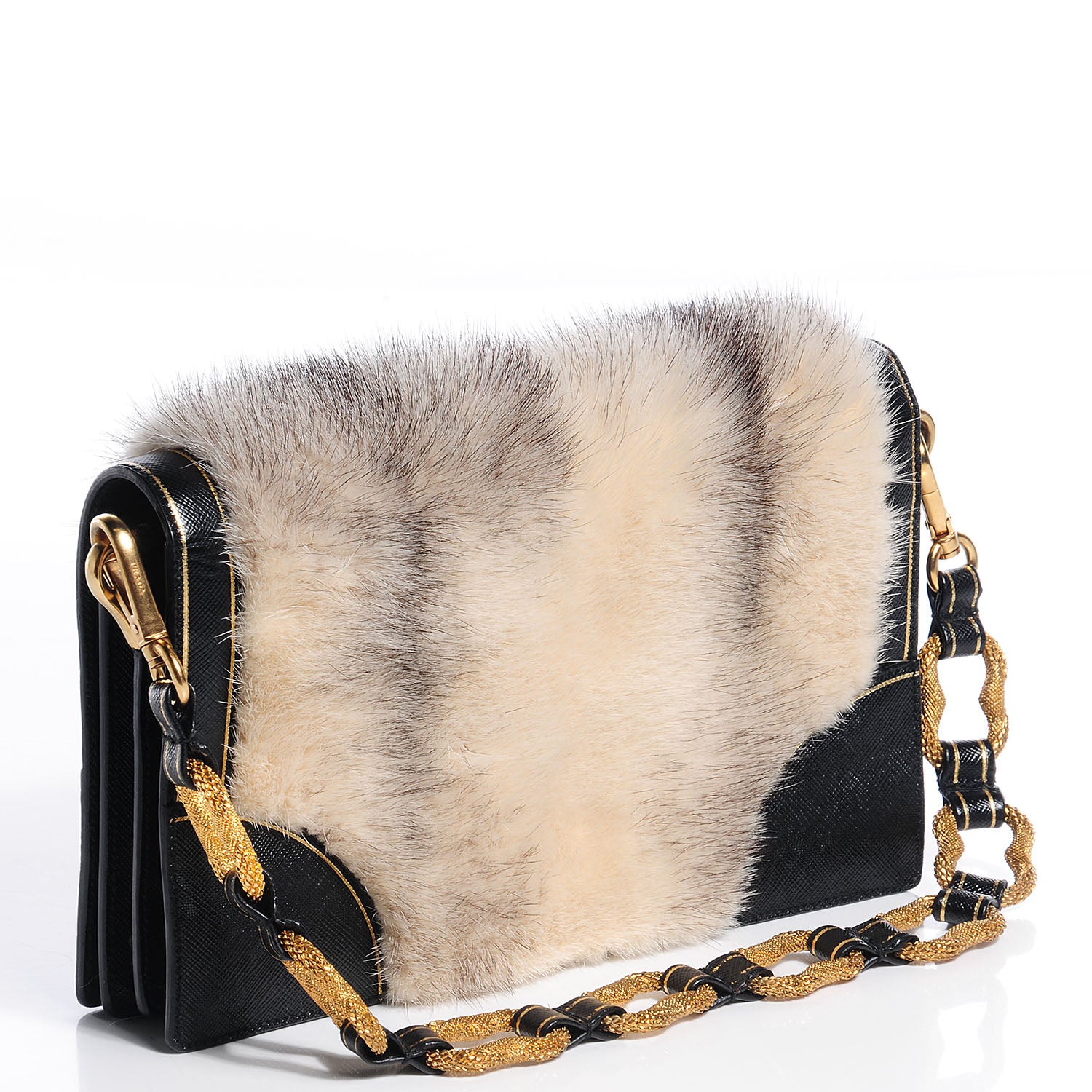Prada Saffiano Mink Fur Accordion Flap Bag Black 3 of 9