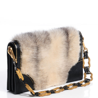 Prada Saffiano Mink Fur Accordion Flap Bag Black 3 of 9