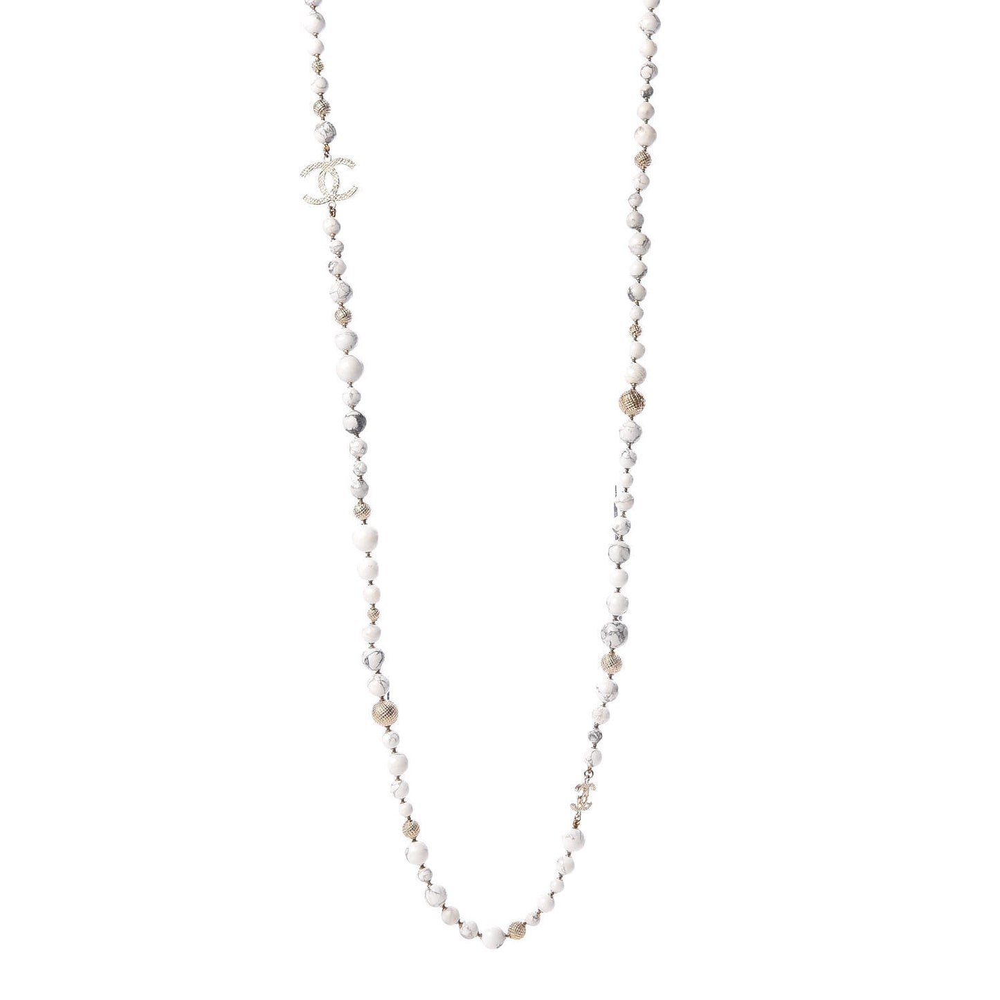 Marble Beaded CC Long Necklace Gold White