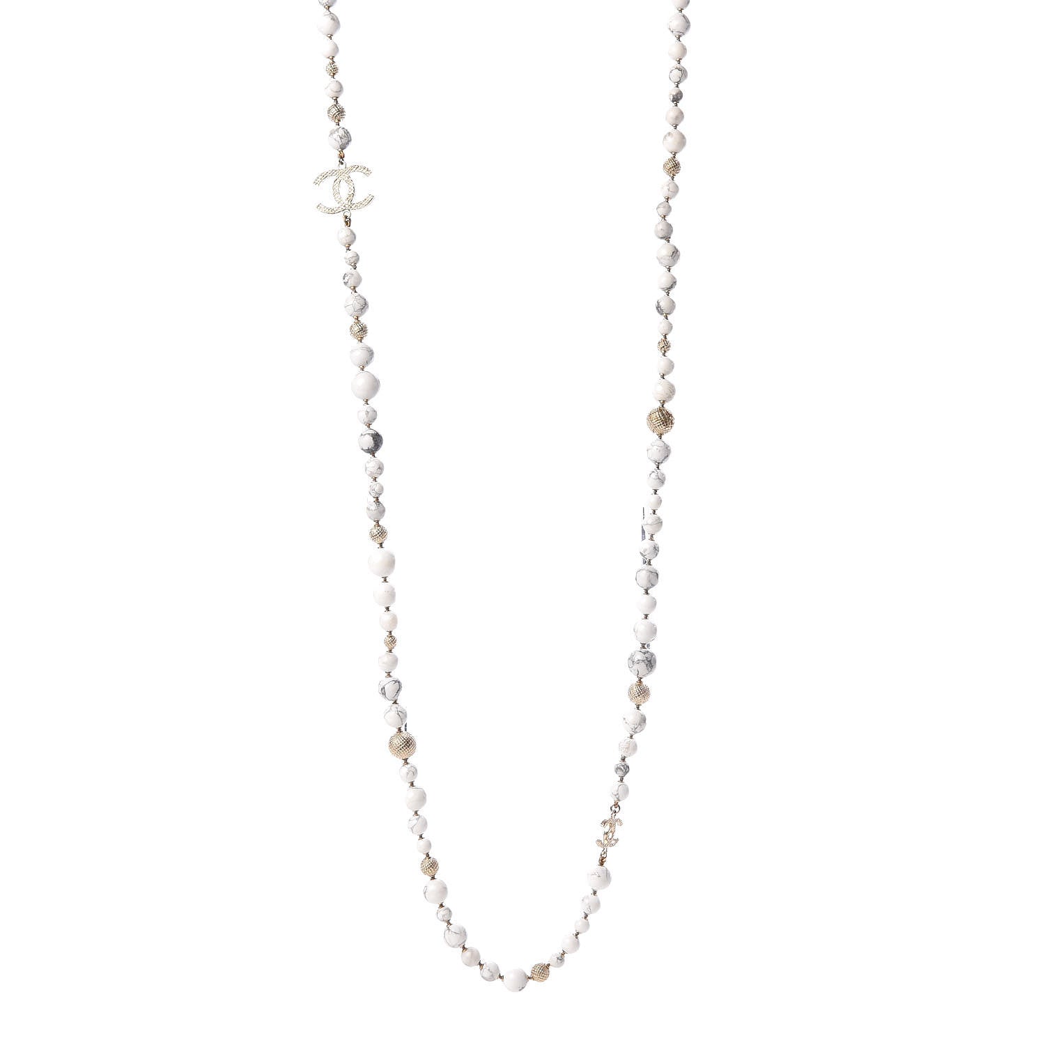 Chanel Marble Beaded CC Long Necklace Gold White 1 of 5