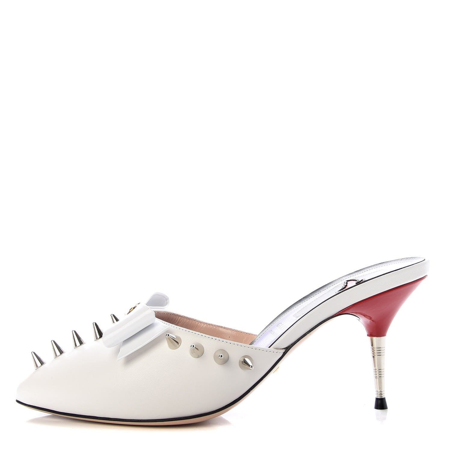 Gucci Patent GG Bow Sadie Spike Mid Heel Mules 38 White 1 of 10