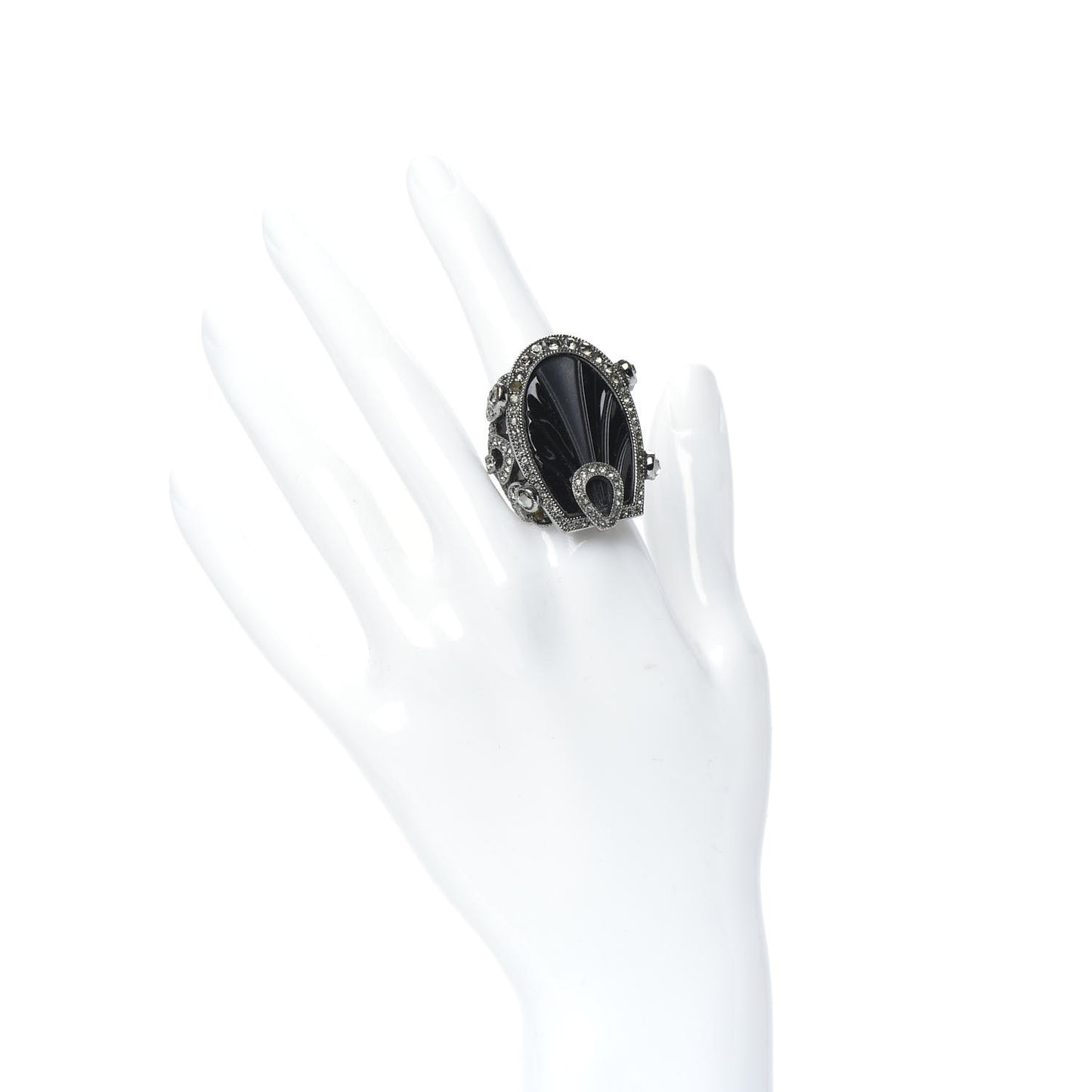 Crystal Resin Art Deco Ring 7.25 Black Silver