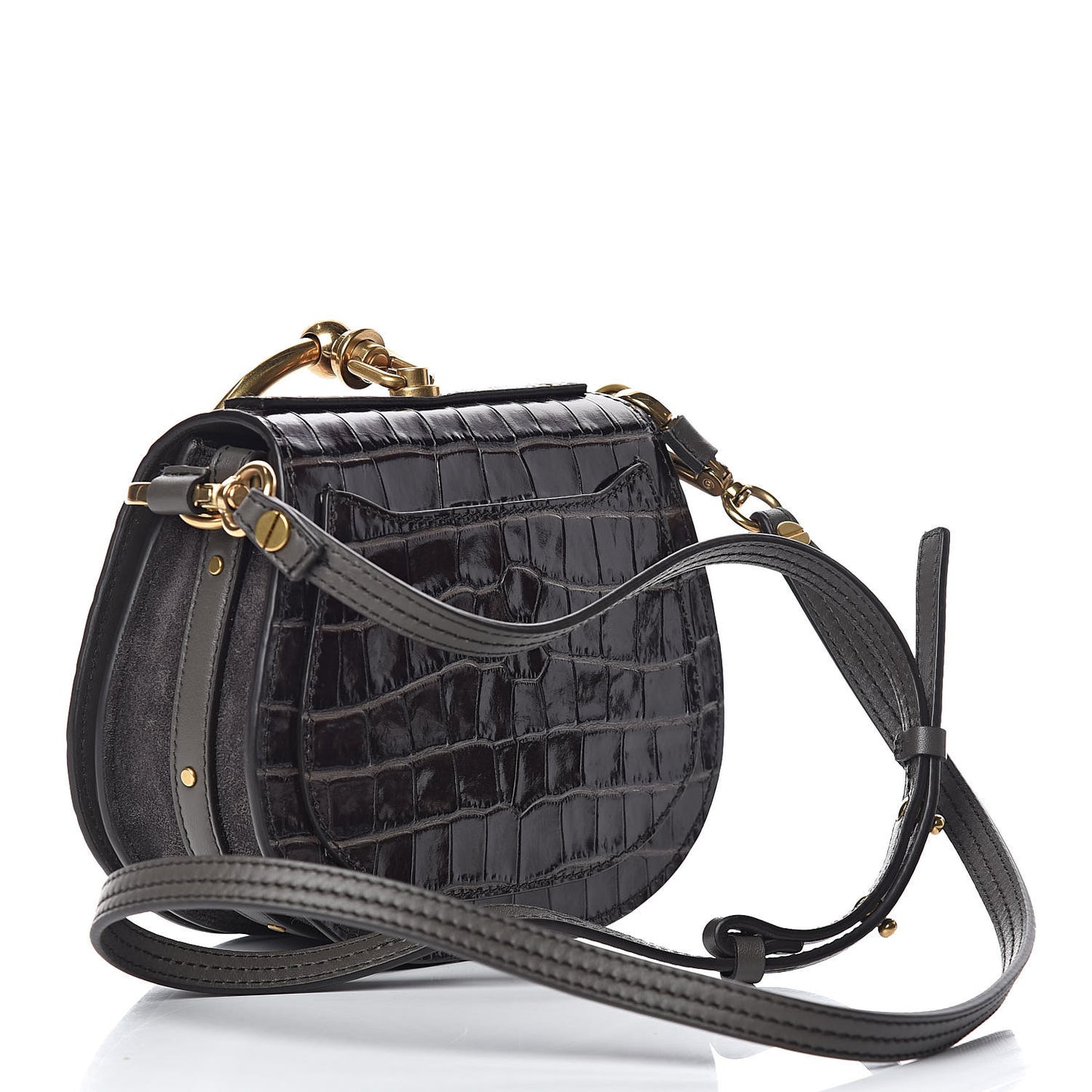 Suede Calfskin Crocodile Embossed Small Nile Bracelet Bag Profound Brown