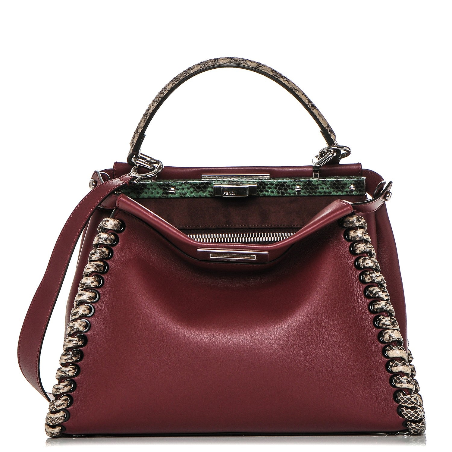 Fendi Calfskin Elaphe Lace Up Medium Peekaboo Iconic Satchel Bordeaux Beige Verde 1 of 7