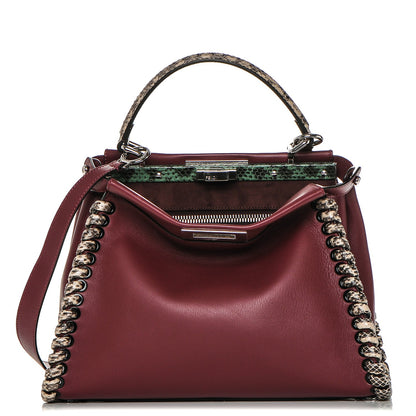 Fendi Calfskin Elaphe Lace Up Medium Peekaboo Iconic Satchel Bordeaux Beige Verde 1 of 7