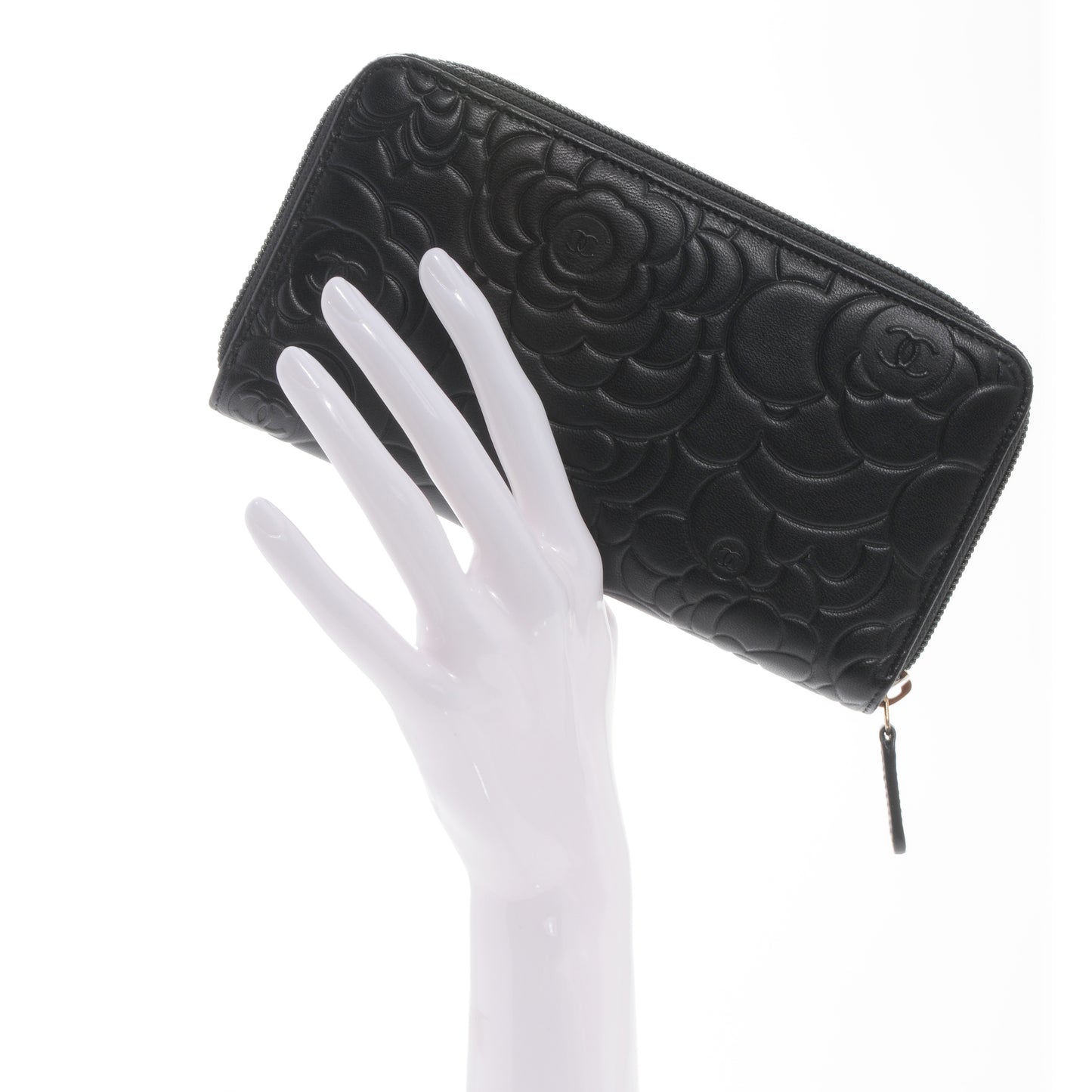 Lambskin Camellia Embossed Large Zip Around Gusset Wallet Black