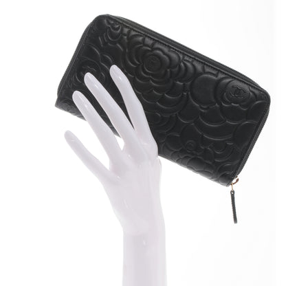 Chanel Lambskin Camellia Embossed Large Zip Around Gusset Wallet Black 2 of 8
