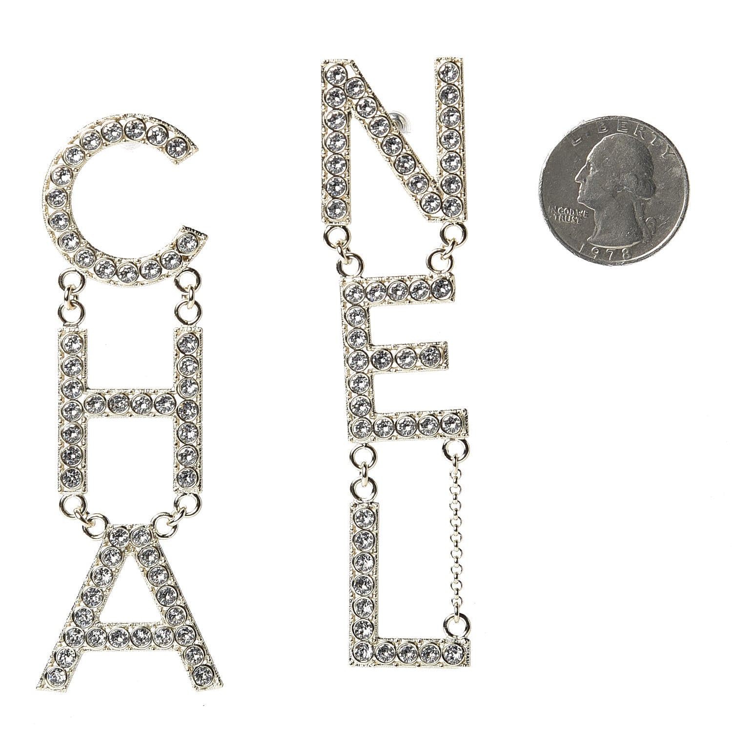 Chanel Crystal Cha-Nel Logo Drop Earrings Gold 2 of 5
