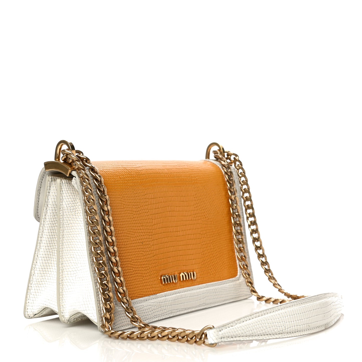 Calfskin Lizard Embossed Flap Bag Yellow White