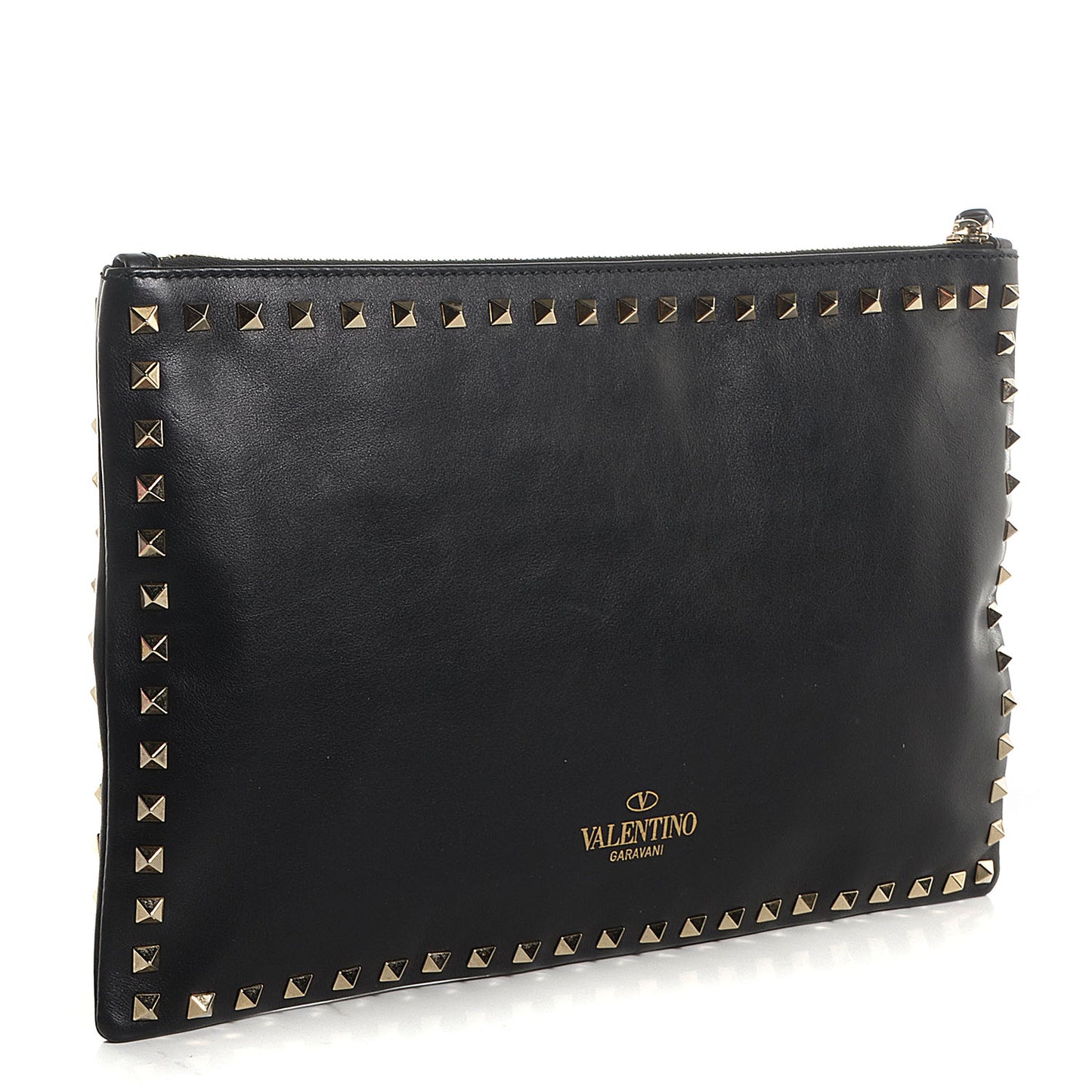 Vitello Large Rockstud Zip Wristlet Pouch Black