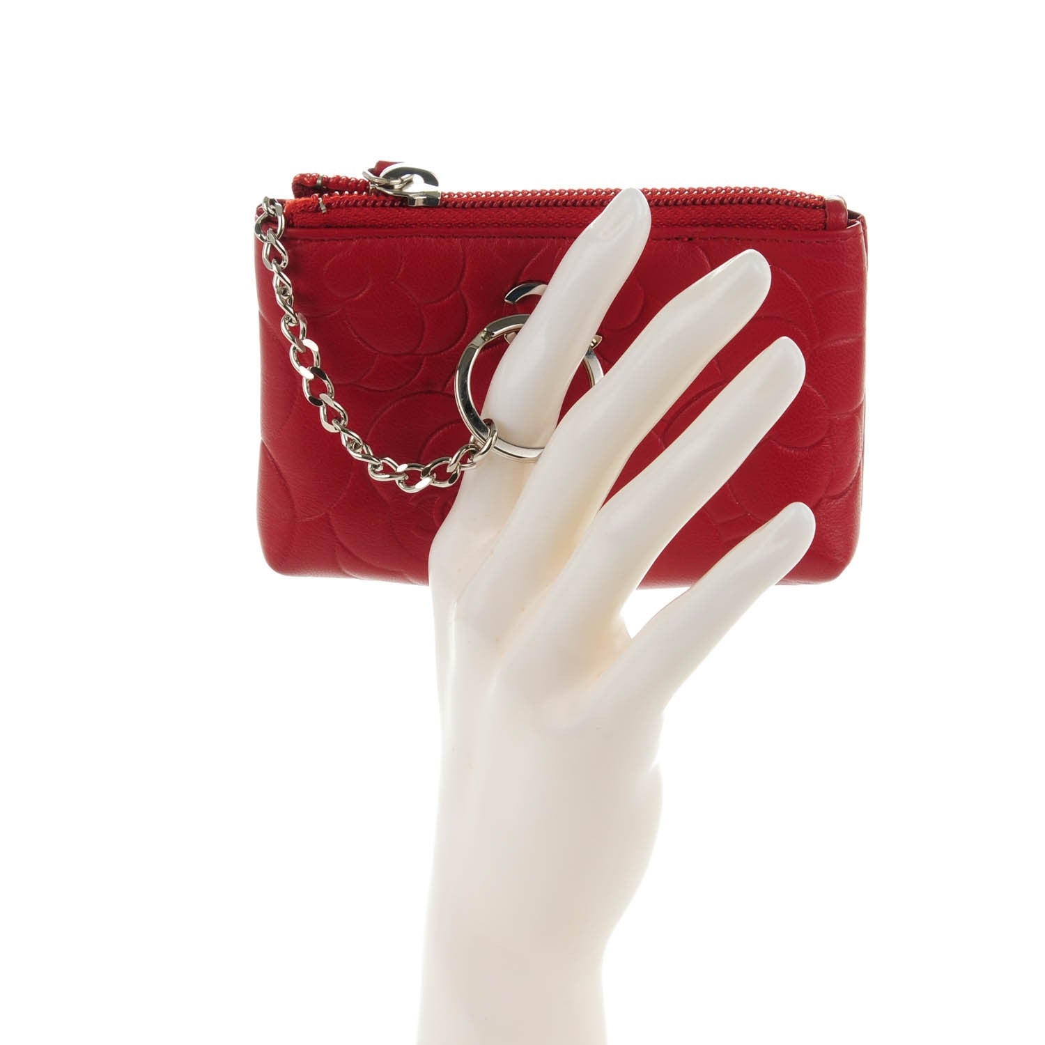 Chanel Lambskin Camellia Embossed Key Holder Case Red 2 of 7