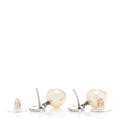 Chanel Crystal Pearl CC Drop Earrings Silver Pearly White 4 of 5