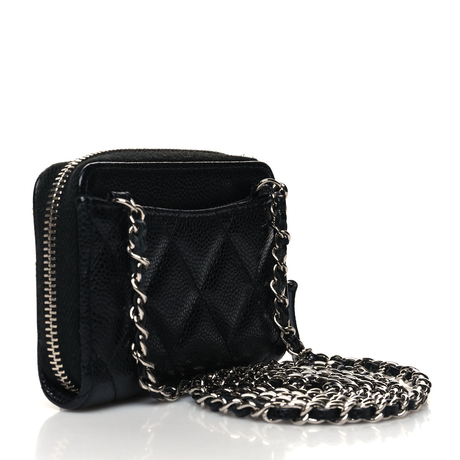 Chanel Caviar Quilted Zip Around Coin Purse Wallet On Chain Black 2 of 8