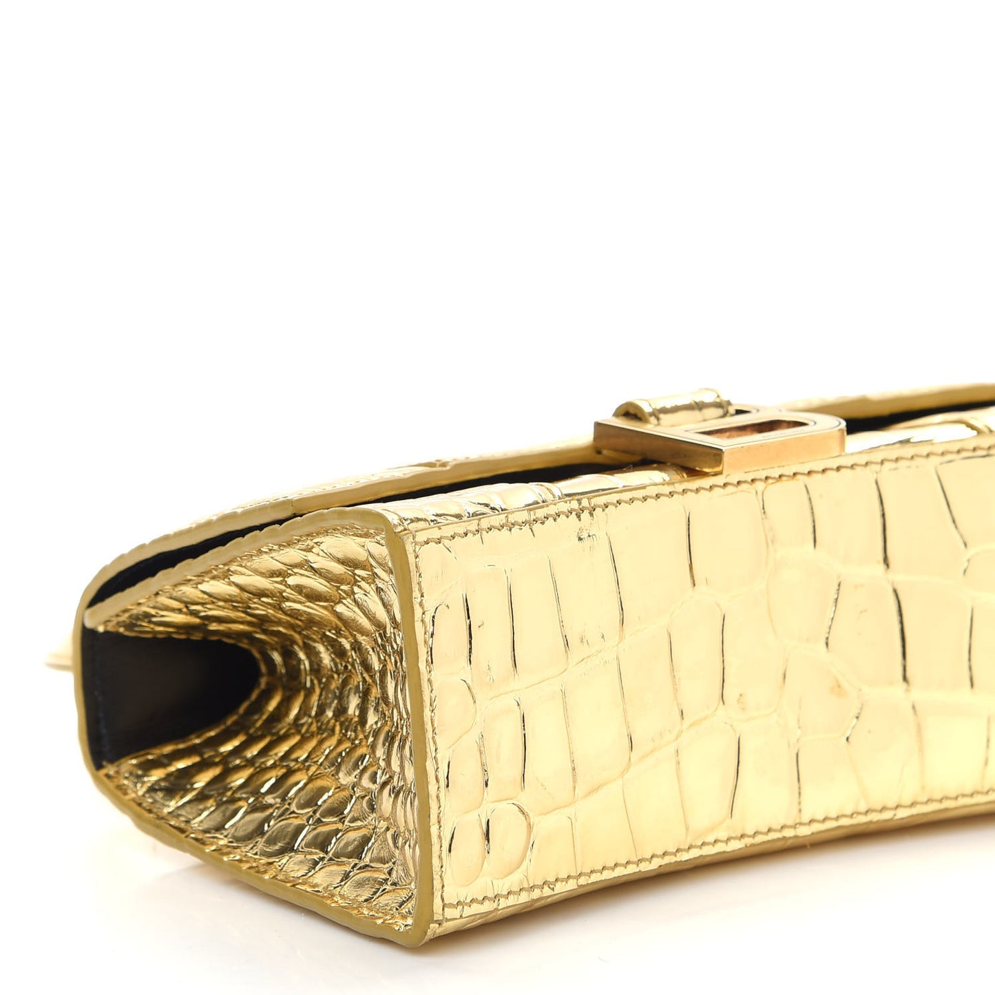 Metallic Calfskin Crocodile Embossed Hourglass Top Handle Bag XS Gold