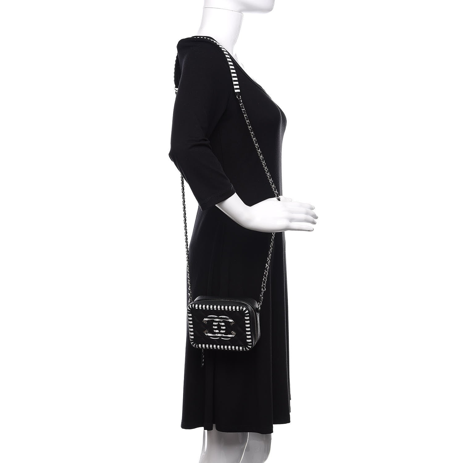 Chanel Caviar Quilted Striped Filigree Vanity Clutch With Chain Black White 2 of 10