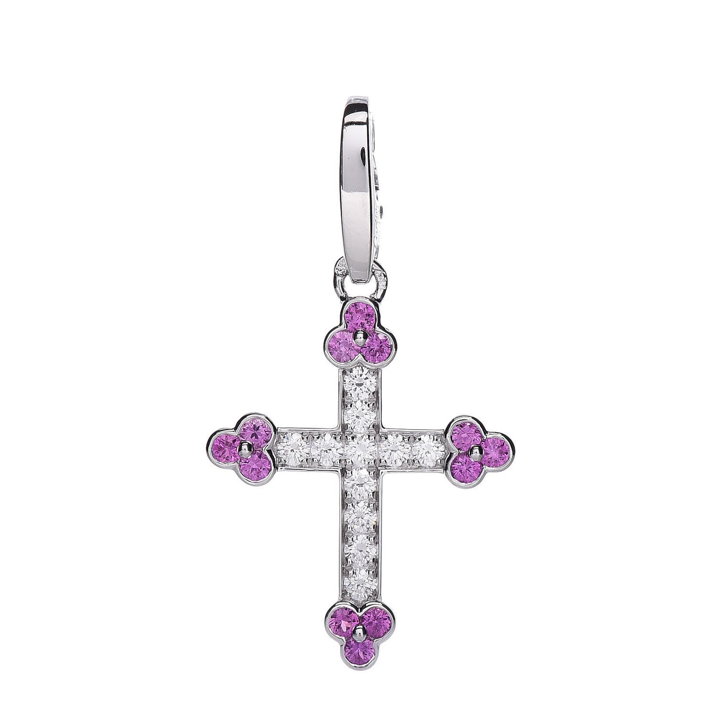 18K White Gold Diamond Pink Sapphire Cross Charm