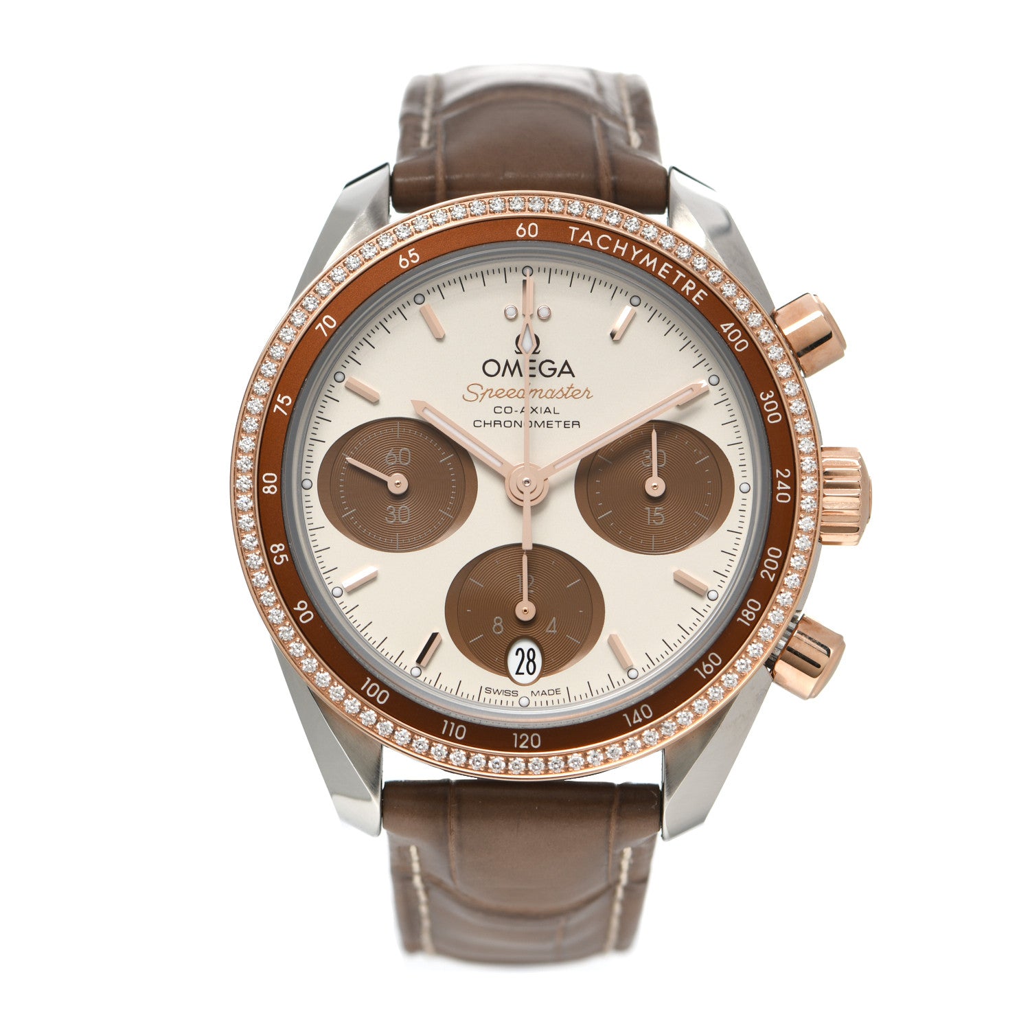 Omega Stainless Steel 18K Sedna Gold Alligator Diamond Bezel 38mm Speedmaster Chronograph Automatic Watch Brown 324.28.38.50.02.002 1 of 5